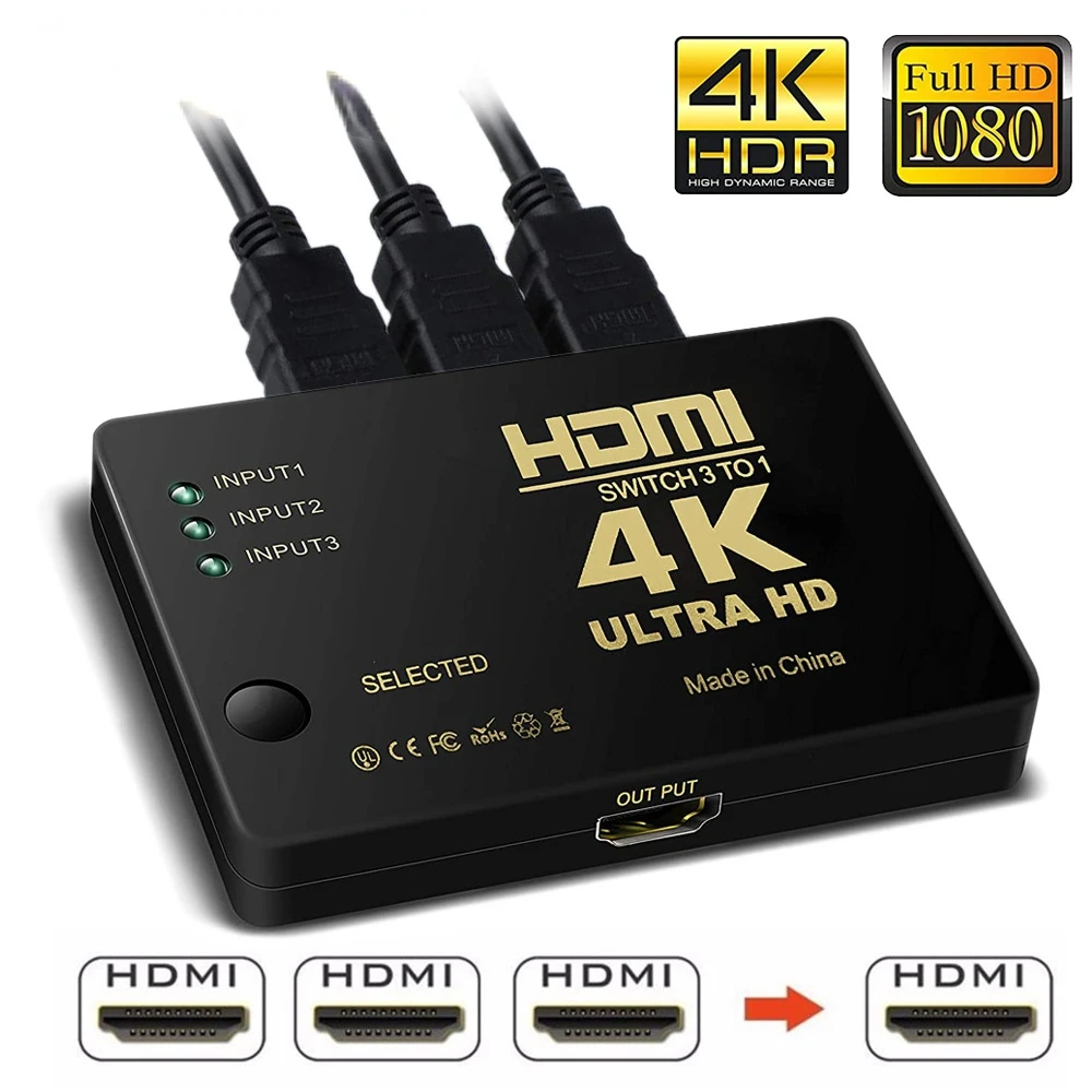 

4K 2K 3x1 HDMI Cable Splitter HD 1080P Video Switcher Adapter 3 Input 1 Output Port HDMI Hub for Xbox PS4 DVD HDTV PC Laptop TV