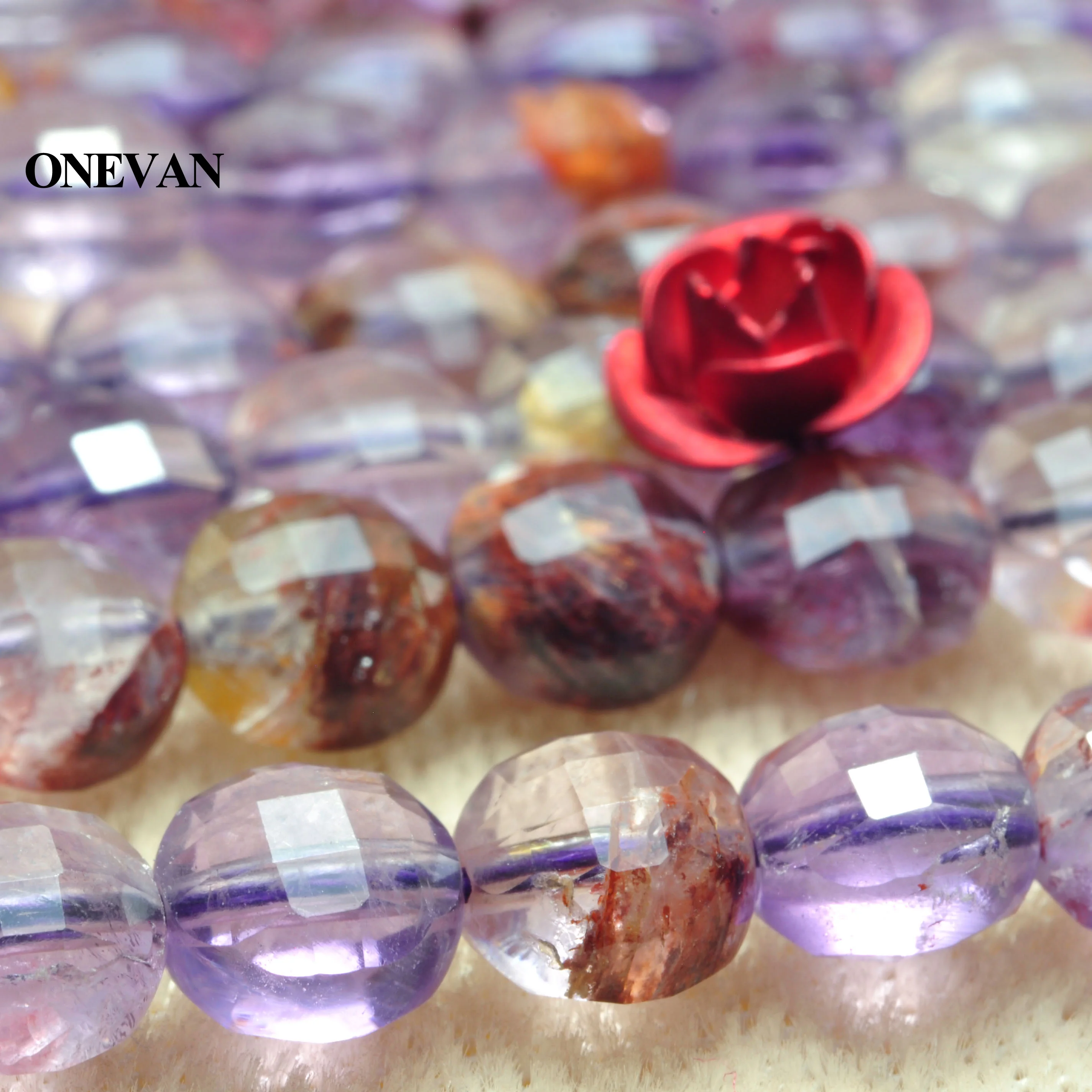 

ONEVAN Natural Purple Crystal Phantom Ghost Faceted Flat Round Coin Beads 6mm Stone DIY Bracelet Necklace Jewelry Making Design