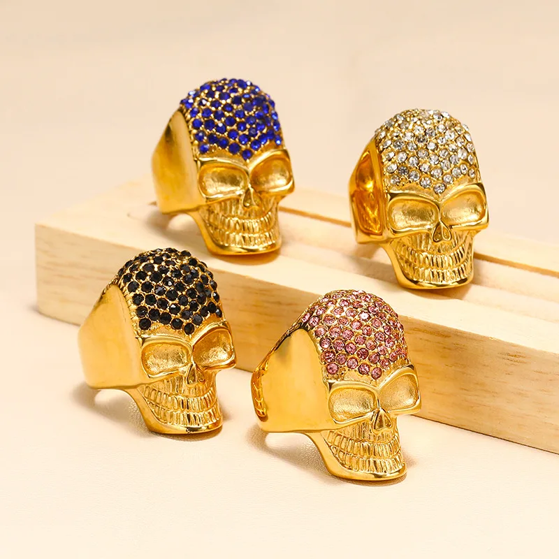 

Punk Style Skeleton Skull Rings With AAA+ Cubic Zirconia Fashion Gold Color Stainless Steel Jewelry For Women Men Wedding Band