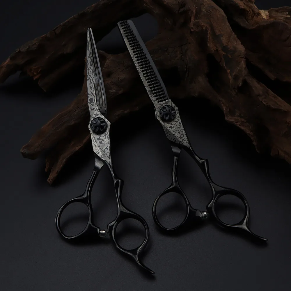 Professional 6 '' Black Damascus hair cutting scissors Flower screw haircut thinning barber cut shears Hairdressing scissors