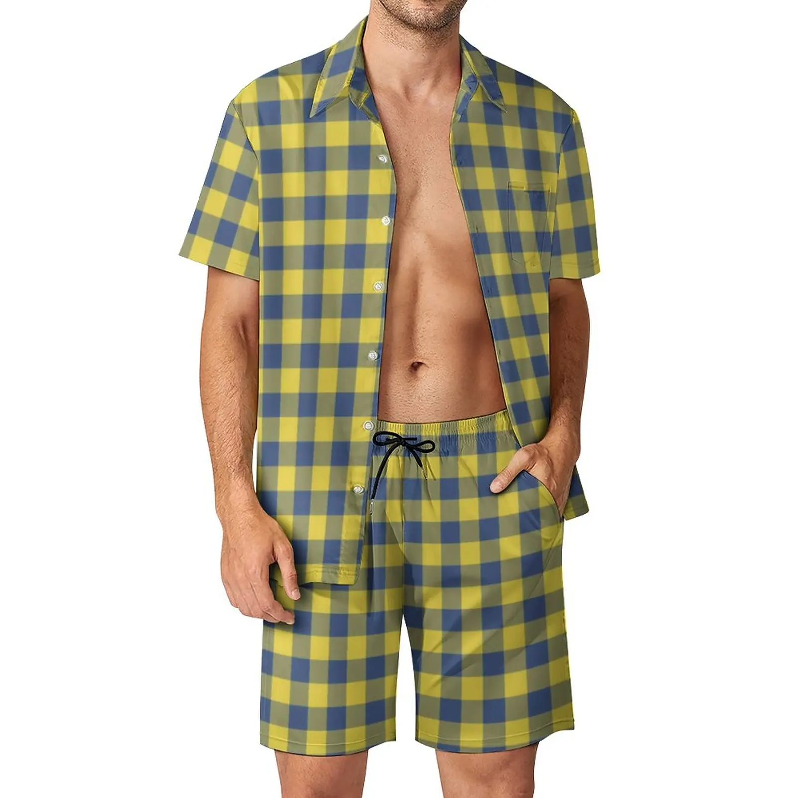 

Retro Buffalo Plaid Fitness Outdoor Men Sets Yellow Blue Checks Casual Shirt Set Summer Print Shorts Two-piece Vintage Suit