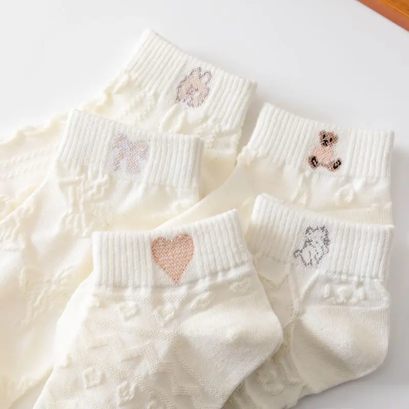 5pairs New White Cute Boat Socks Cotton Simple Short Tube High Elastic Small Fresh Women's Jacquard Socks Ins Casuals Girl Socks