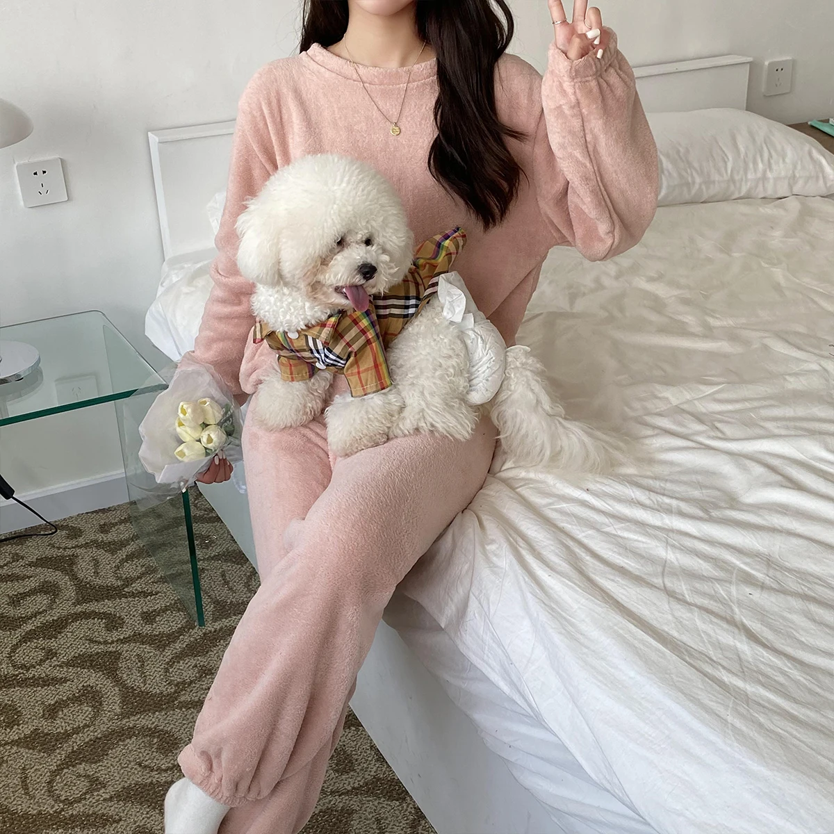 Women Girl Autumn Winter Coral Fleece Pajamas Fashion Solid Color Sleepwear Clothes