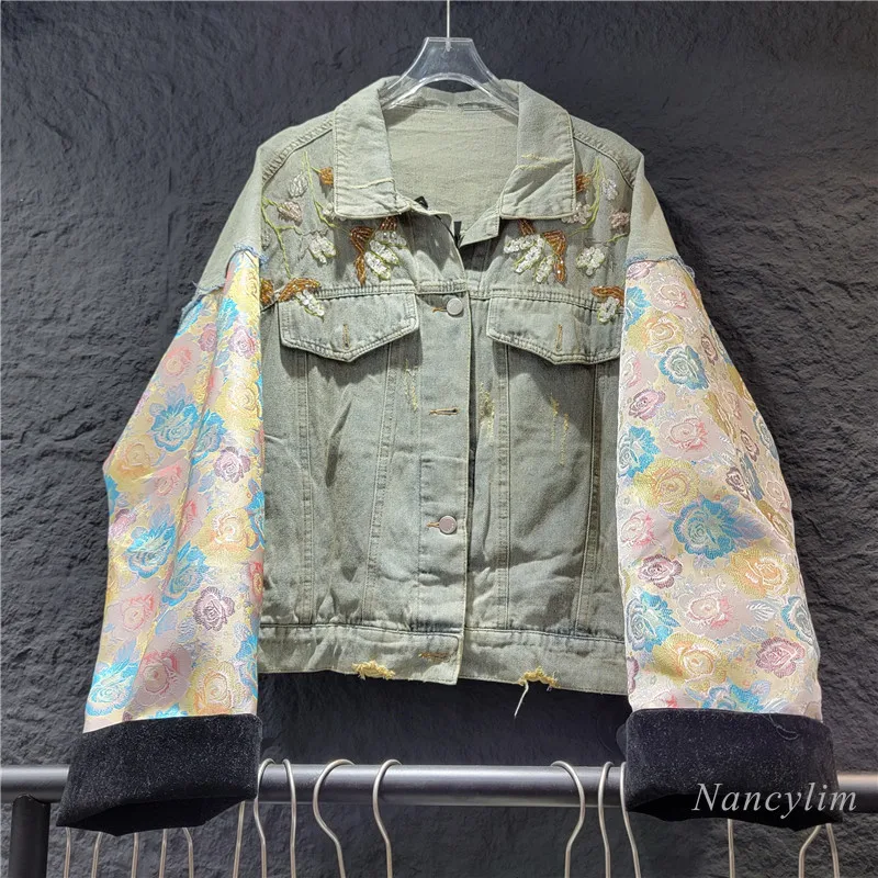 Европейская мода, женское уличное пальто, новинка 2023, высококачественное джинсовое пальто в китайском ретро-стиле с вышивкой, осенняя куртка