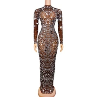 evening birthday celebrate outfit sparkly silver rhinestones mirrors brown mesh long sleeves dress costume see through dresses