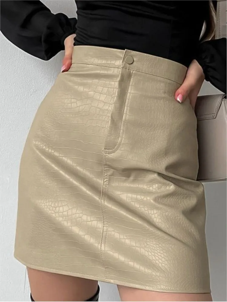 

Женская мини-юбка из ПУ кожи, Осень-зима 2023, модные шикарные офисные Облегающие юбки с высокой талией, искусственная кожа, вечерние однотонные трапециевидные юбки