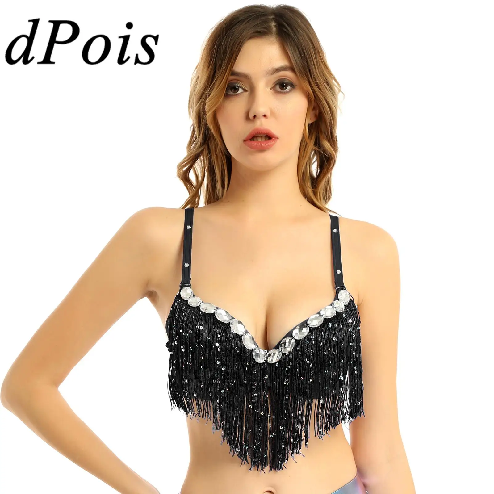

Womens Belly Latin Dance Bra Tops Party Clubwear Push-Up Bra Sequins Tassel Rhinestone Brassiere Dancewear Performance Costume