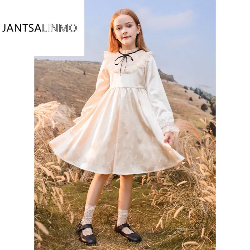 

2023 Autumn Winter New Fashion Girls Dress Thick Warm Retro All-match Lace Princess Style Casual Lovely Sweet Lace Dress