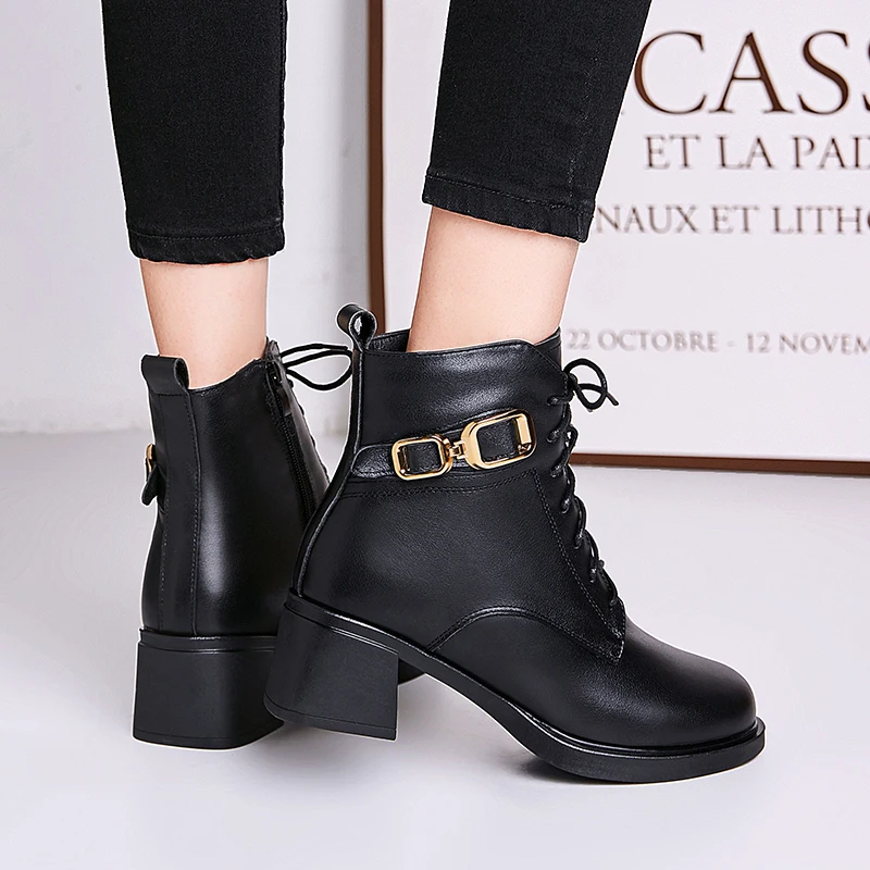 AIYUQI Winter Boots Women Wool Warm 2023 New Genuine Leather Women Marton Boots British Style Lace-up Large Size Booties Women