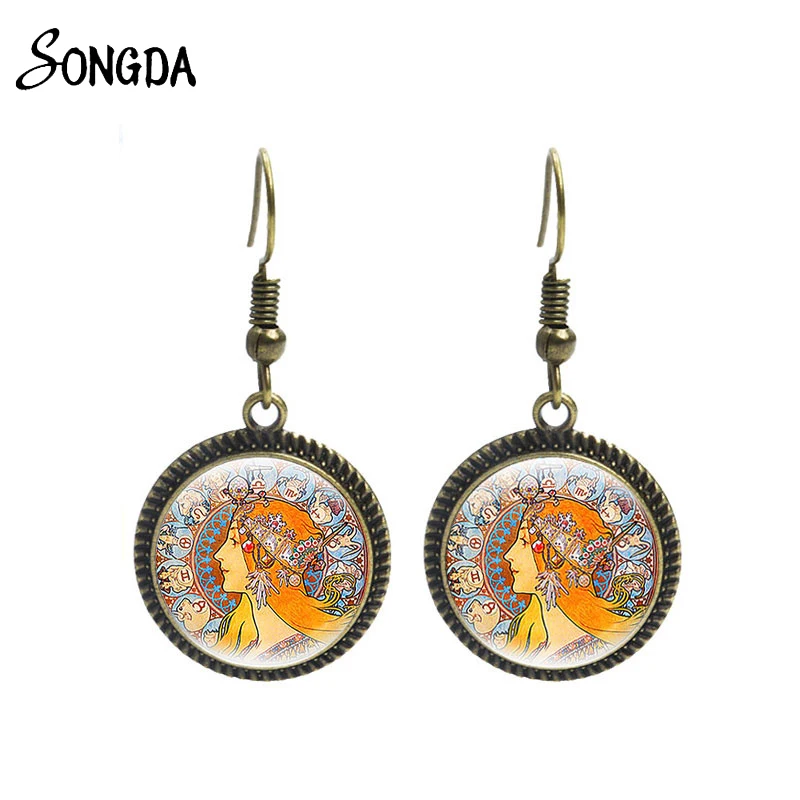 

New Alphonse Mucha Art Picture Drop Earrings for Women Round Pendant Earrings Dangle Glass Dome Handmade Jewelry Wholesale Gifts