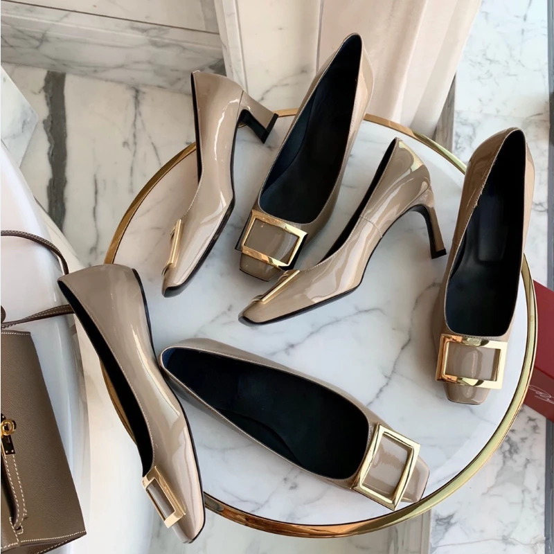 Net Red Patent Leather Square Buckle Single Shoes Women's Thick Heels, Medium Heels and Square Toe High Heels 2022 Spring New