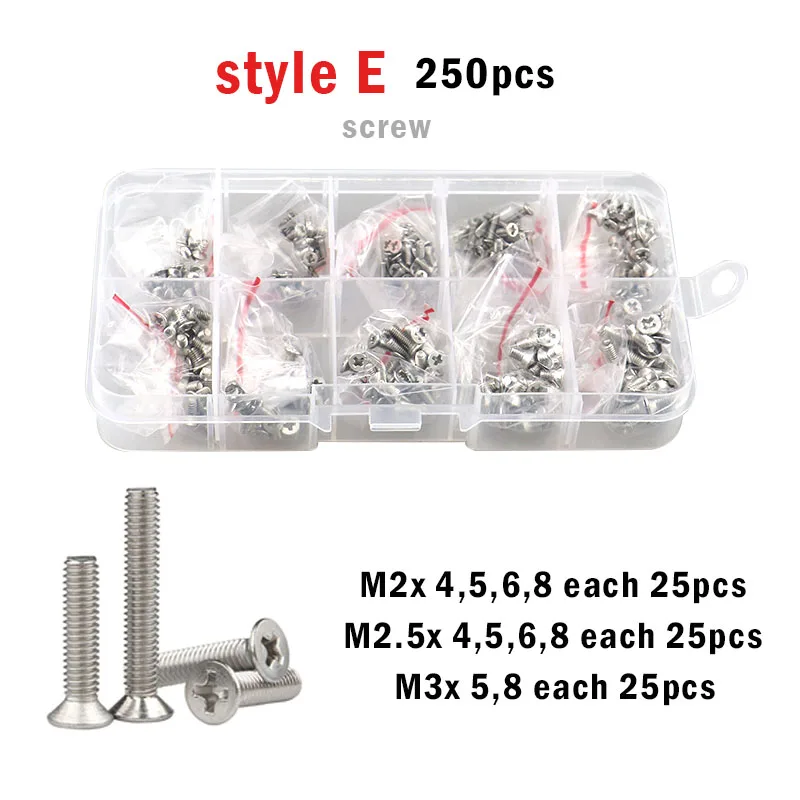 M1.6 M2 M2.5 M3 M4 M5 Винты с крестообразным шлицем и плоской потайной головкой из нержавеющей стали 304 Болт и гайка Шайба Ассортимент Комплект Коробка