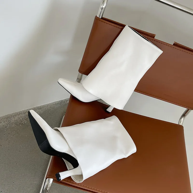 

2022 Spring / Autumn New High Wall Flock Women's Mature Slip-On Calf-length Ankle Boots Boots Pointed Cup End Pu Fold Show Thin