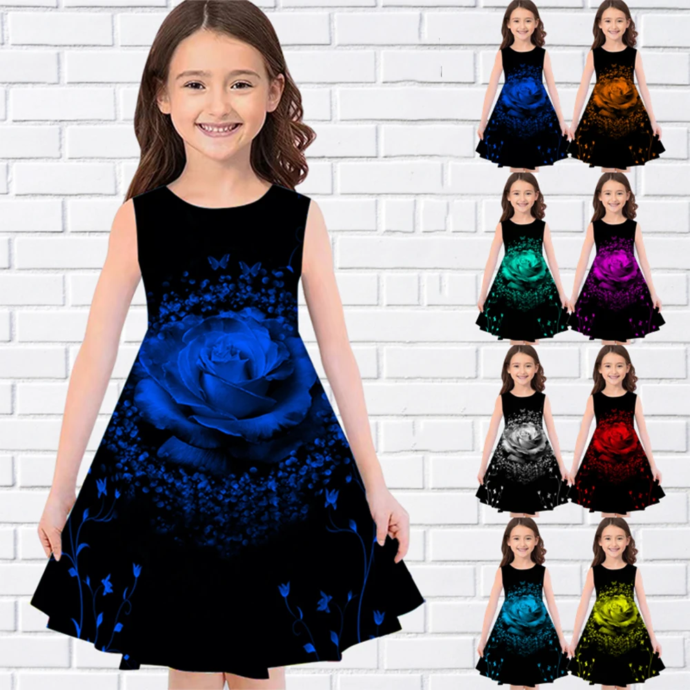 

Fashion Flowers Print Summer Sleeveless Girl Dress Casual Round Neck Long Dresses Trend Girl Dresses For Eid Elegant Midi Skirt