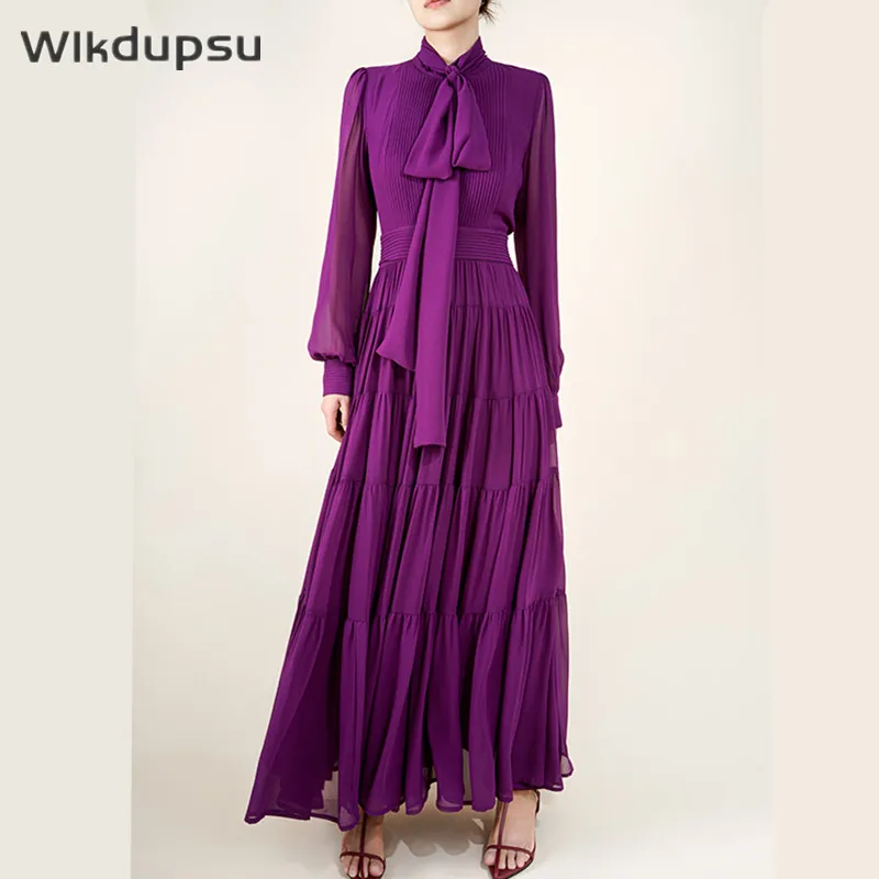 Luxury Runway Designer Elegant Fashion Long Sleeve Pleated Dress Women High Quality Casual Maxi Evening Party Vacation Dresses
