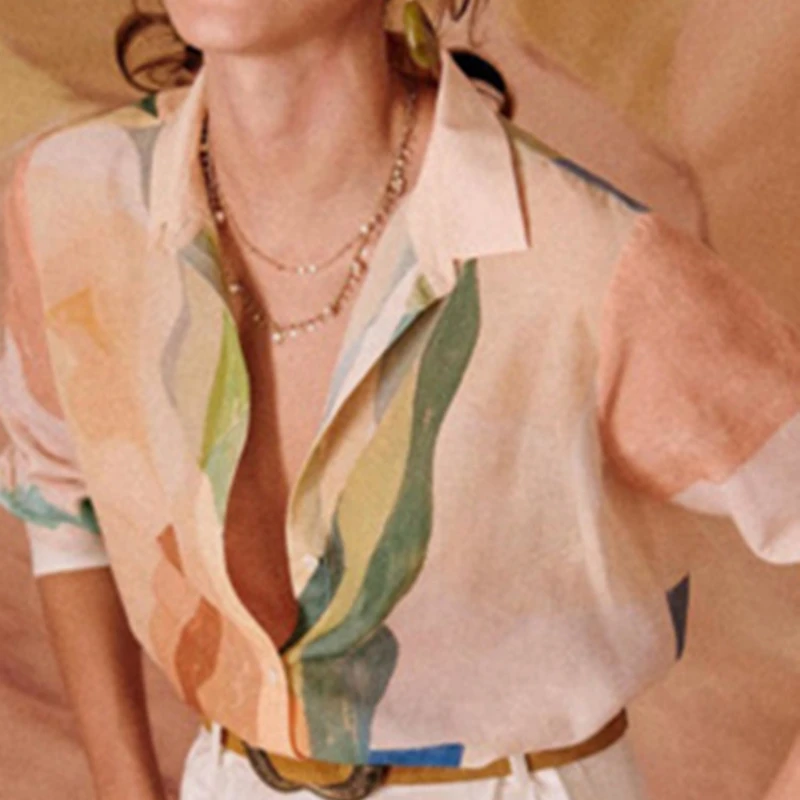 

Colorful Printed Blouse Early Spring Ladies Lapel Long Sleeve Straight Elegant Blouse