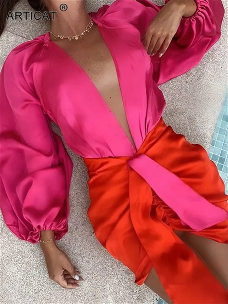 

Articat Sexy Deep V-neck Satin Two Piece Set Women Long Sleeve Top Short Skirt Sets Matching Casual Partywear Winter Women Set