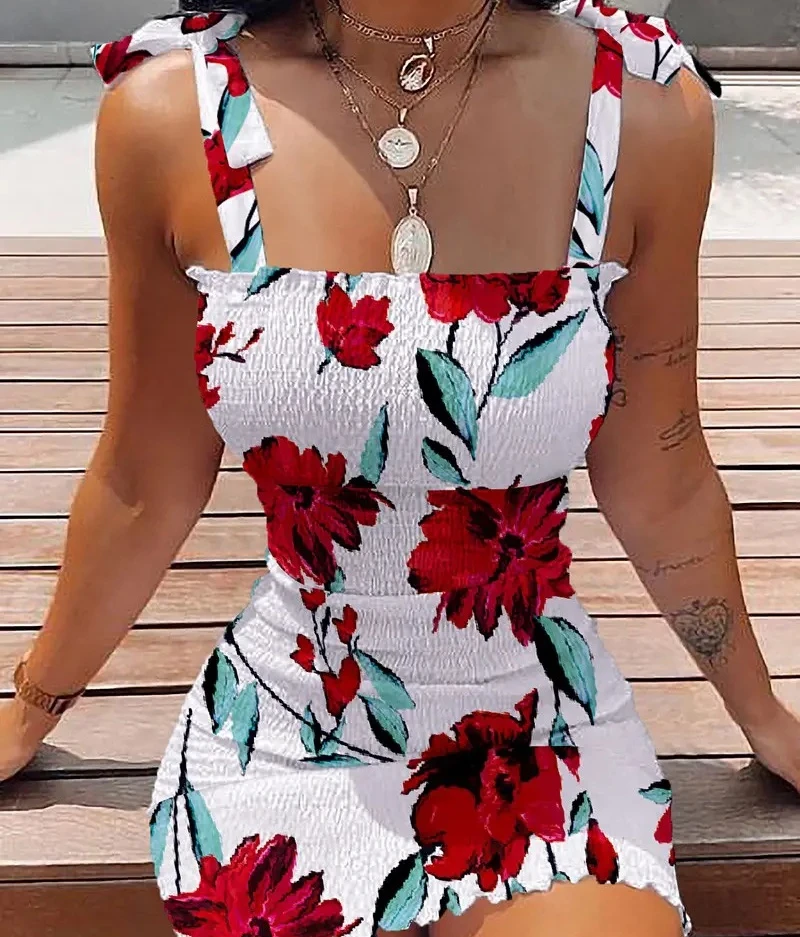 

Summer Floral Sling Mini Dress Women Fashion Beach Style Stretch Slim Floral Sleeveless Mini Dress Women