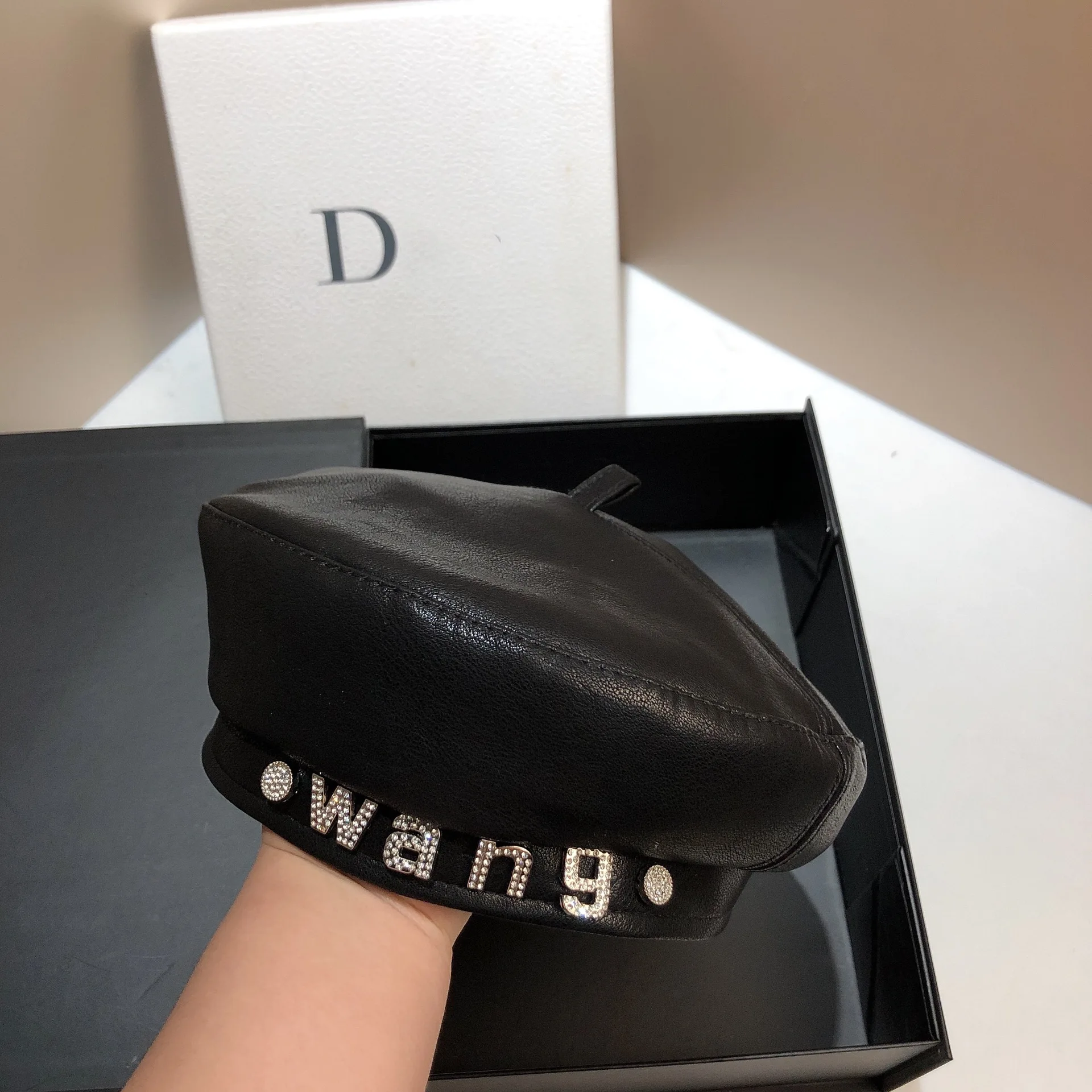 2023 Letter Wang Beret Women Pu Leather Artist French Berets Women Painter Hat Girls Female Warm Walking Cap