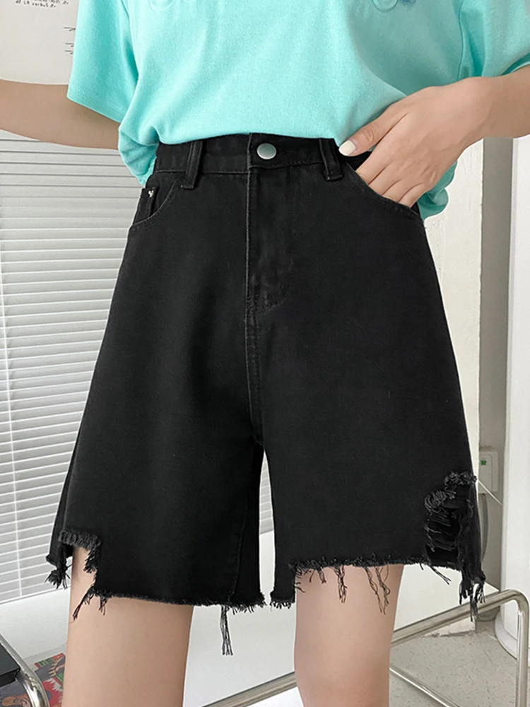 New Spring Summer Women Hole Raw Hem Black Denim Shorts Streetwear Female High Waist Frayed Jeans Shorts Bottoms