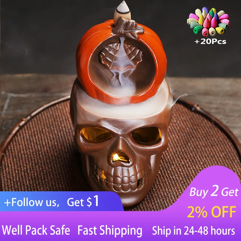 

Ceramic backflow incense burner European style decoration creative skull head ghost festival LED lamp incense burner Gift