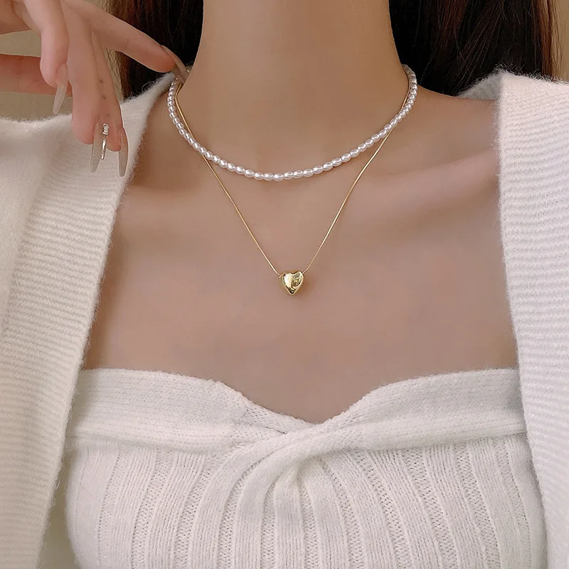 

Fashion Heart Bowknot Pendant Trendy Necklace Double Layer White Pearl Temperament Popular Choker for Women Party Gift
