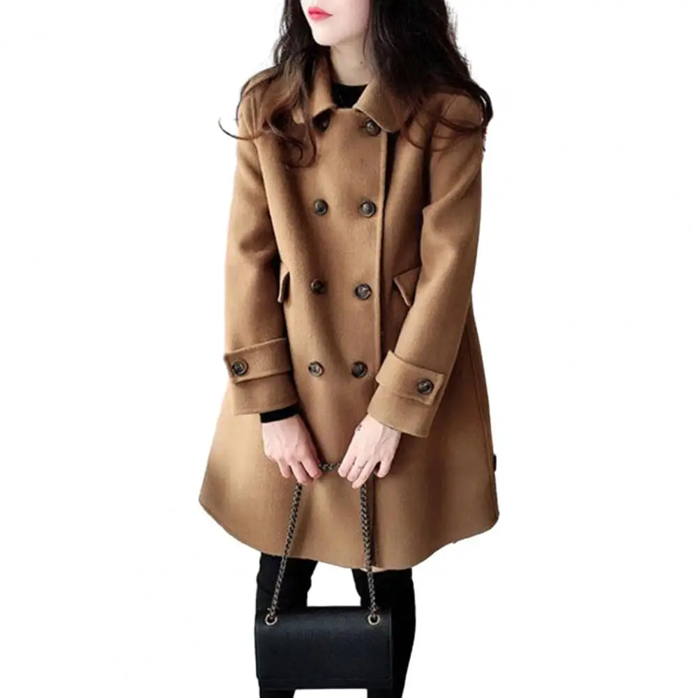 

Vinatge Woolen Coat Vintage Woolen Double-breasted Trench Coat Warm Mid-length Cardigan with Pockets Lapel Buttons for Women's