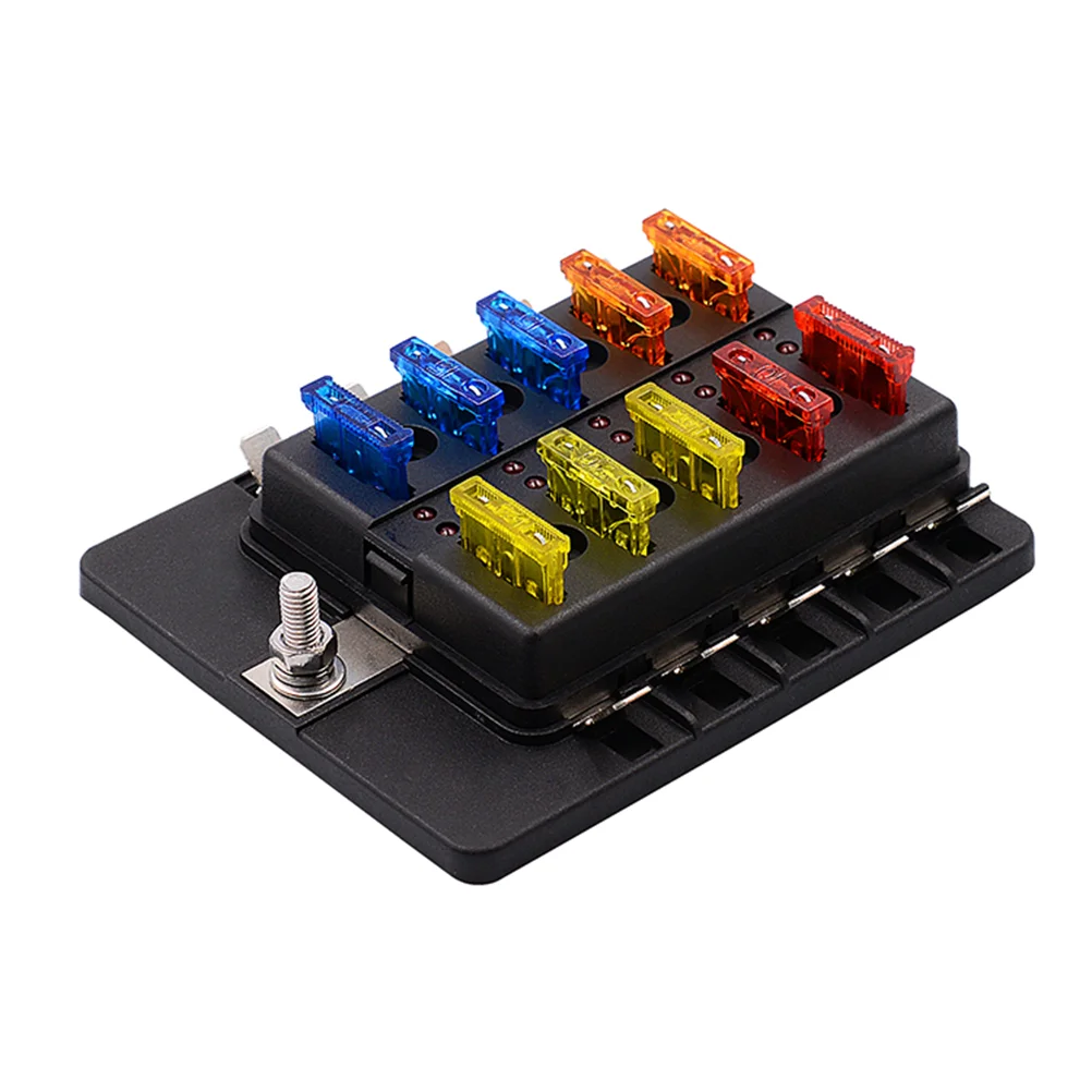 

12-32V PC Terminal Block Car RV 1 In 10 Out Fuse Box with LED Light Fuse Box (Black)