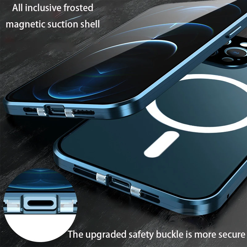 Magnetic Metal Flip Case for iPhone 14 13 Pro Max 12 Magsafing Wireless Charger Full Tempered Glass Transparent Cover Protector