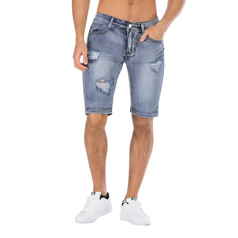 

Denim Pants Holes New Personalized Retro Trendy Men's Jeans Elasticity Shorts Solid Color Large Size Ripped Jeans