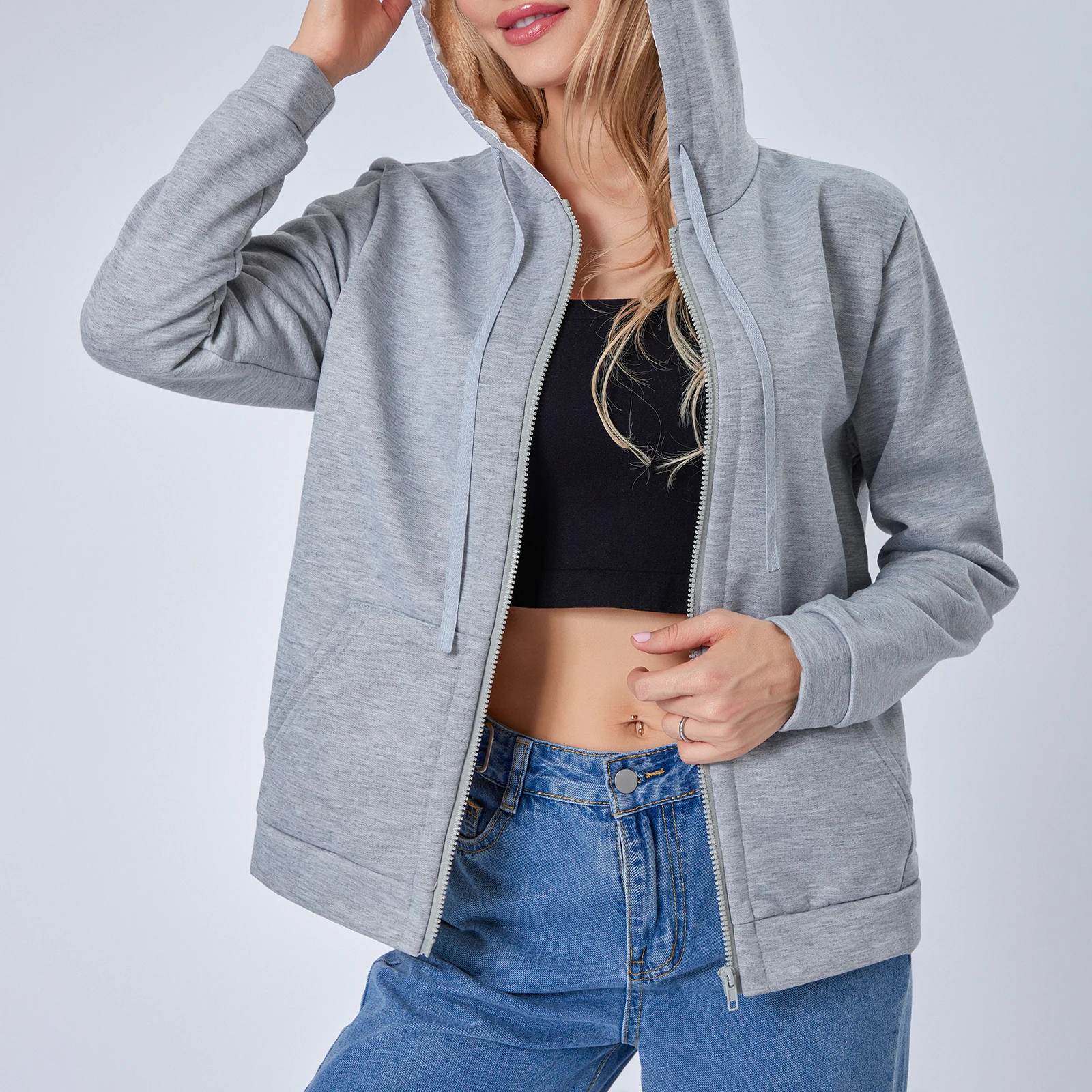 

Women Winter Warm Jacket Solid Color Zipper Hoodies Long Sleeve Sweatshirt with Pocket for Streetwear Outwear