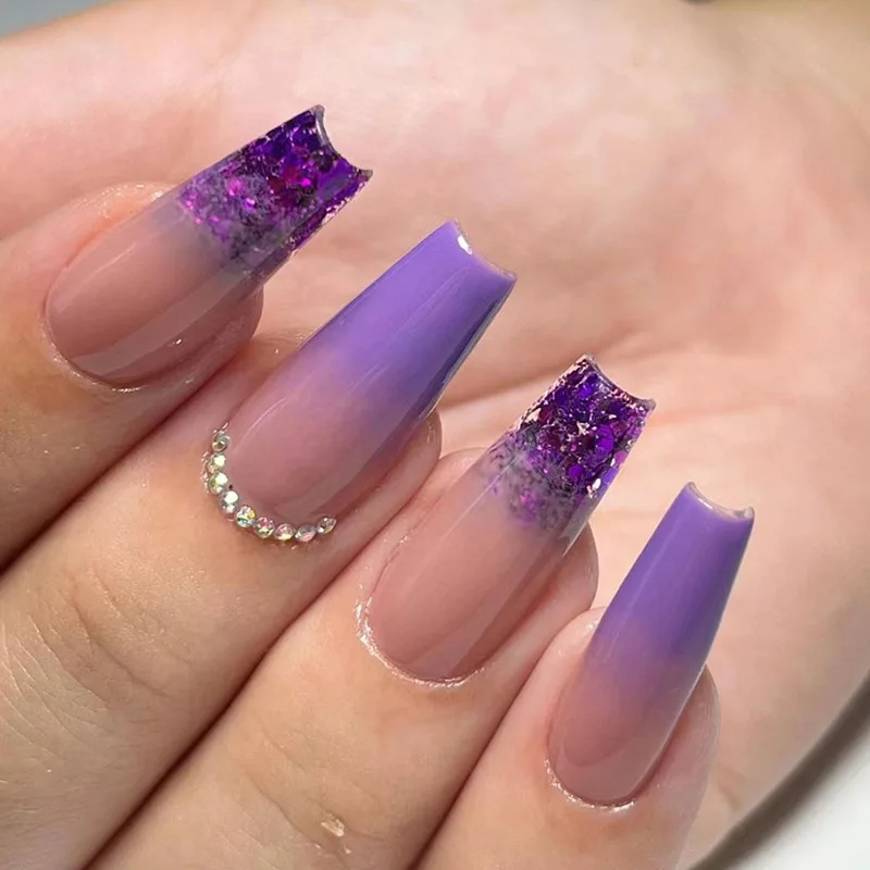 

24pcs Long Coffin Purple False Nails Ballet Simple Glitter with Glue French Design Wearable Fake Nails Artificial Nail Tips