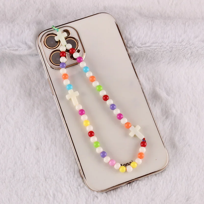Acrylic ladies jewelry ethnic style diy color soft pottery imitation pearl acrylic geometric beaded mobile phone chain