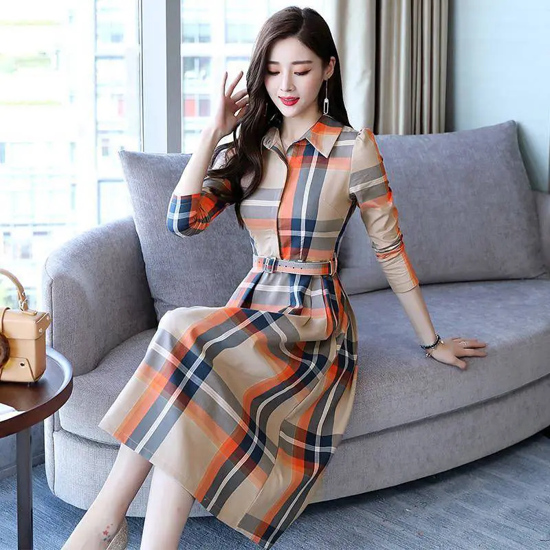 

Elegant Fashion Dress Long Sleeve Office Lady Stripe Dress Women Plaid Shirt Dresses for Women Belt Spring Autumn Clothes E68