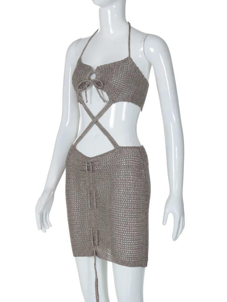 Женское сексуальное вязаное крючком облегающее мини-платье с перекрестными