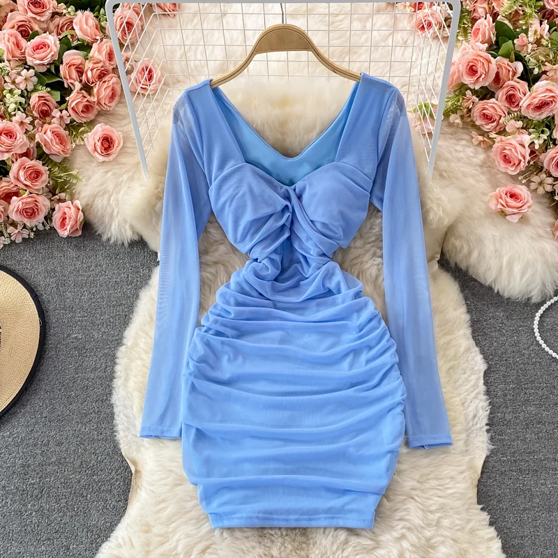 

summer blue Draped Pleated dress New Fashion Mesh Long Sleeve party dress women elegant luxury and Club Sexy Slim Fit Mini Dress