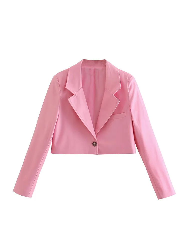 

DYLQFS 2022 Autumn Women Fashion Pink Blazer Casual Long Sleeve Single Button Lapel Female Short Outerwear Chic Top