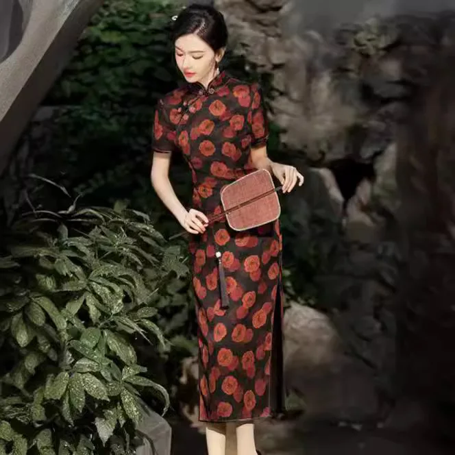 Тяжелое женское шелковое платье Чонсам из Гуандуна новинка 2024 улучшенное