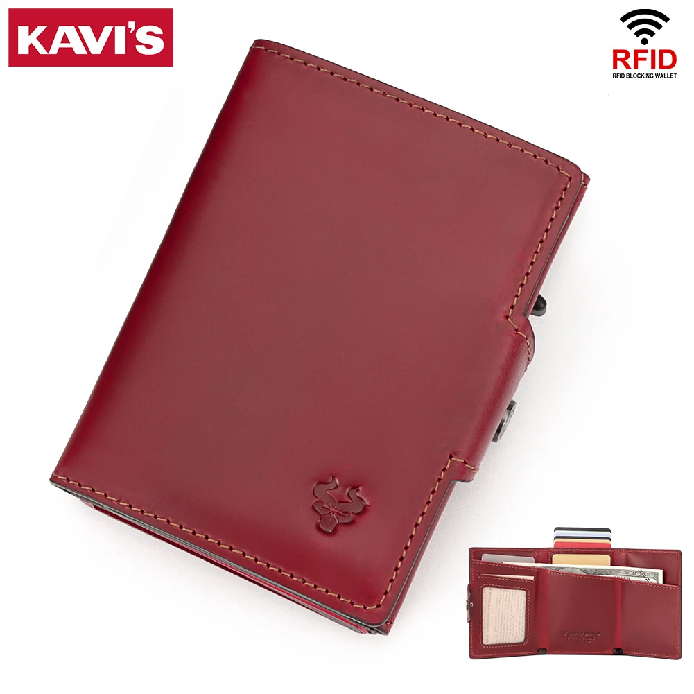 

Anti-Degaussing Card Holder Cowhide RFID Protect Cardholder Classic Red Wallet for Women with Money Clip Zipper Coin Pocket