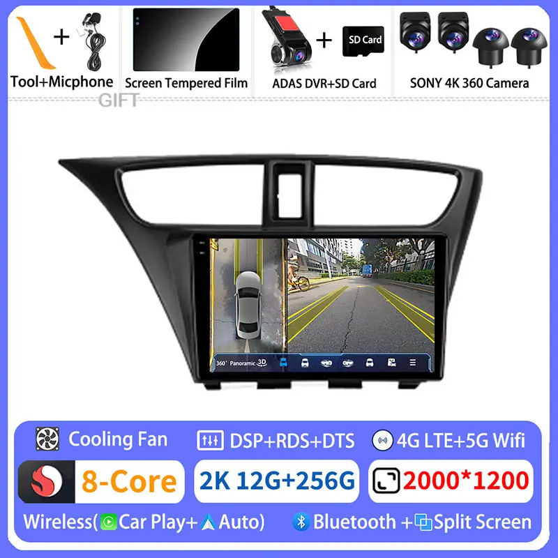 

Автомобильный радиоприемник Android 15 для Honda Civic 9 FK FB 2012-2017 GPS-мультимедийный плеер Navi, головное устройство, беспроводная камера Carplay 360, стерео