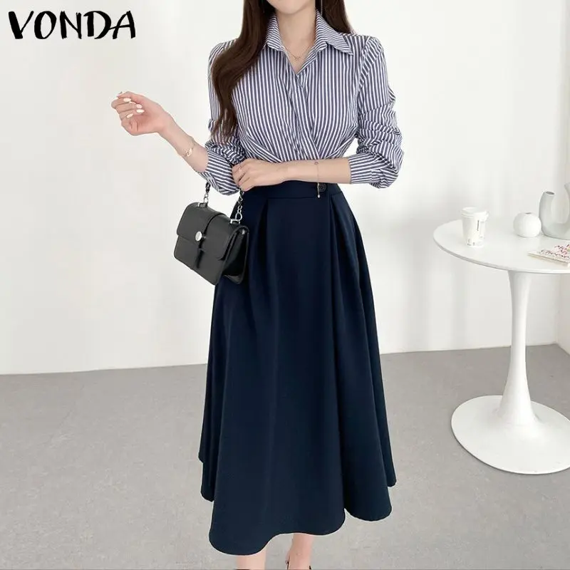 

Women Elegant Office Dress VONDA 2022 Sexy Long Sleeve High Waist Striped Patchwork Dress Casual Autumn Midi Shirt Sundress