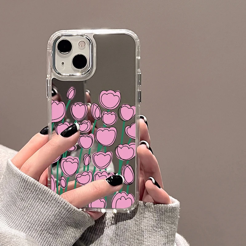 

Fashion Makeup Mirror Florals Case For iPhone 12 Pro Max 11 13 14 Pro XR X XS Max Cases Pink Tulip Flowers Hard Protection Cover