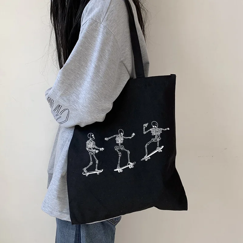 

skeleton on skateboard canvas bag casual Harajuku fashion large-capacity shopper bag female bag cartoon fun women shoulder bags