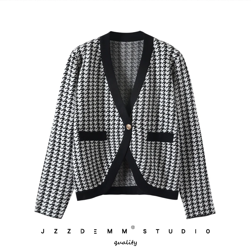 

Retro houndstooth one-button knitted cardigan spring and autumn new women's fashion temperament loose v-neck long-sleeved top