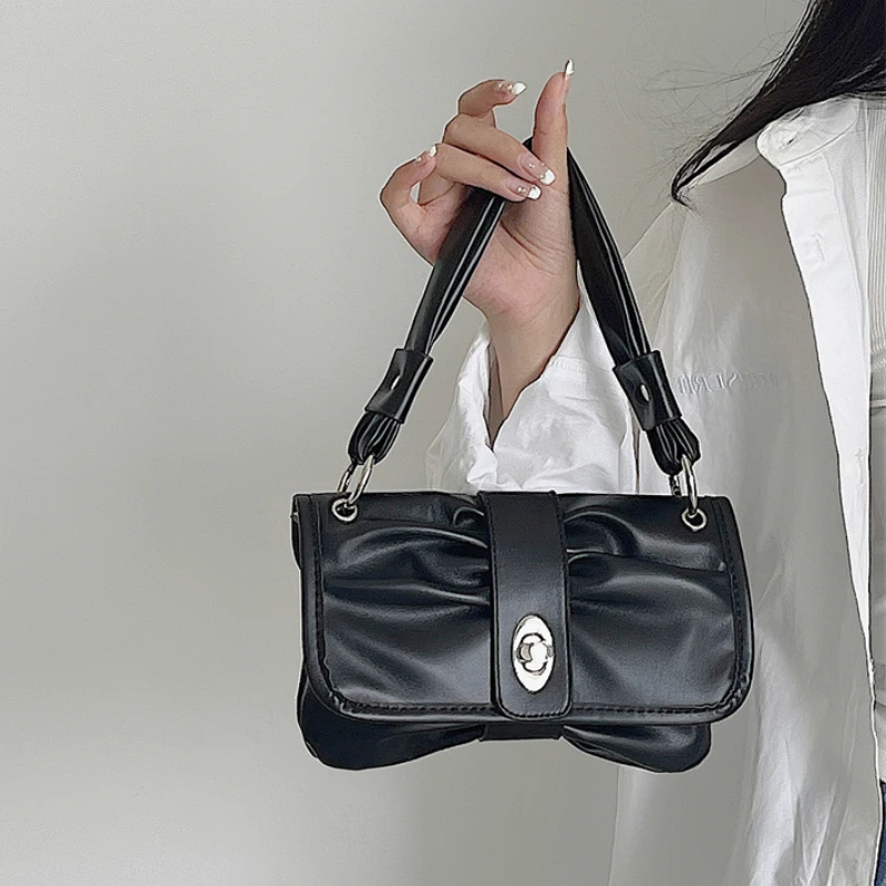 

Cool Black Women's Underarm Bags Clutch Purse Handbag PU Leather Female Folds Shoulder Messenger Bag Retro Ladies Crossbody Bag