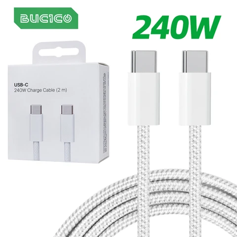 Плетеный USB C — C кабель 2 м 240 Вт серый белый
