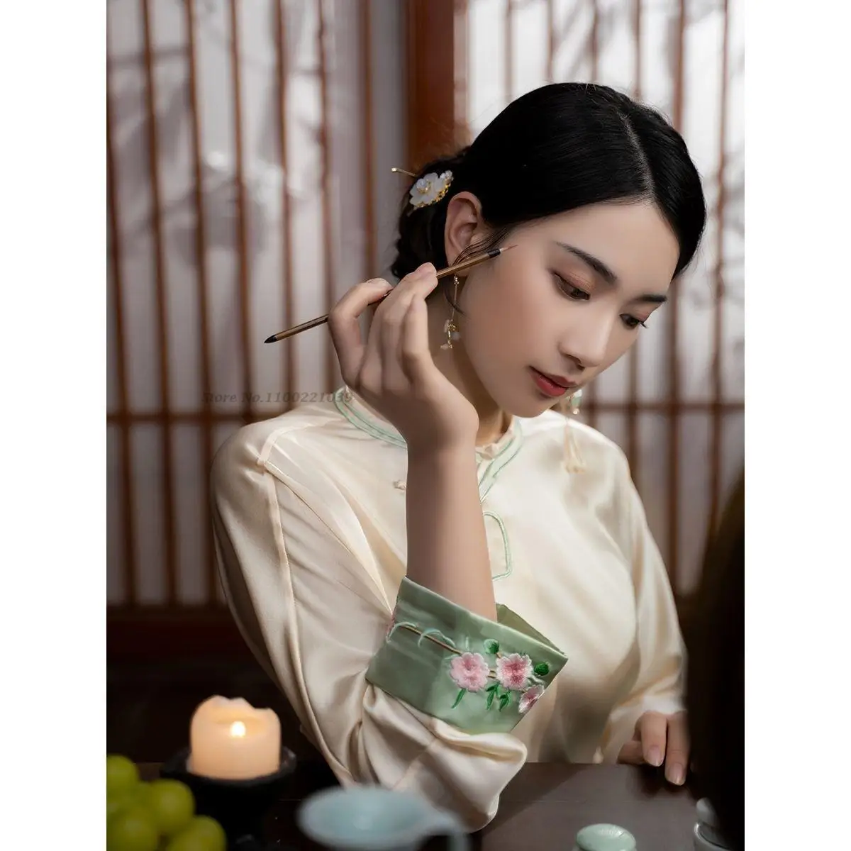 2022 traditional chinese pajamas women lace ice silk set smooth sweet girl home clothes shirt &pant sleepwear vintage sleepwear