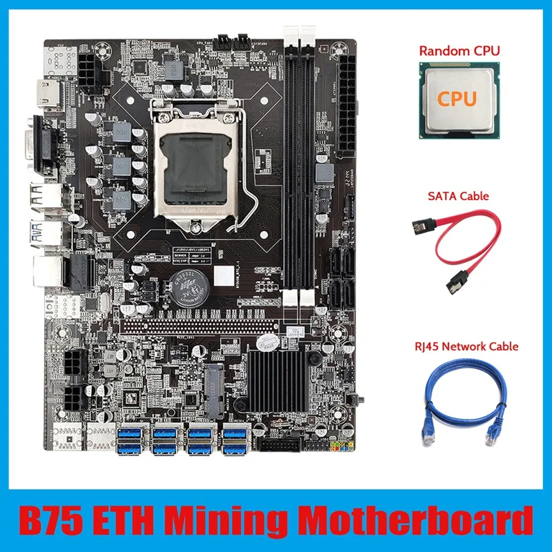 

HOT-B75 ETH Mining Motherboard 8XPCIE USB Adapter+CPU+RJ45 Network Cable+SATA Cable LGA1155 MSATA B75 Miner Motherboard
