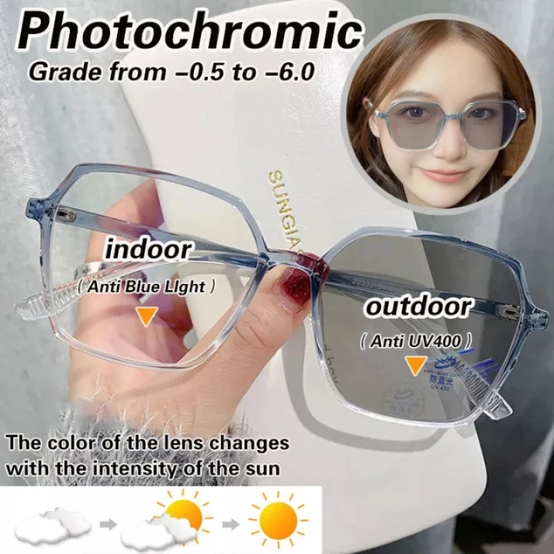 Купи Photosensitive Color Changing Sun Glasses Women's Anti Blue Light Large Frame Glasses Gradient Myopia Glasses за 311 рублей в магазине AliExpress