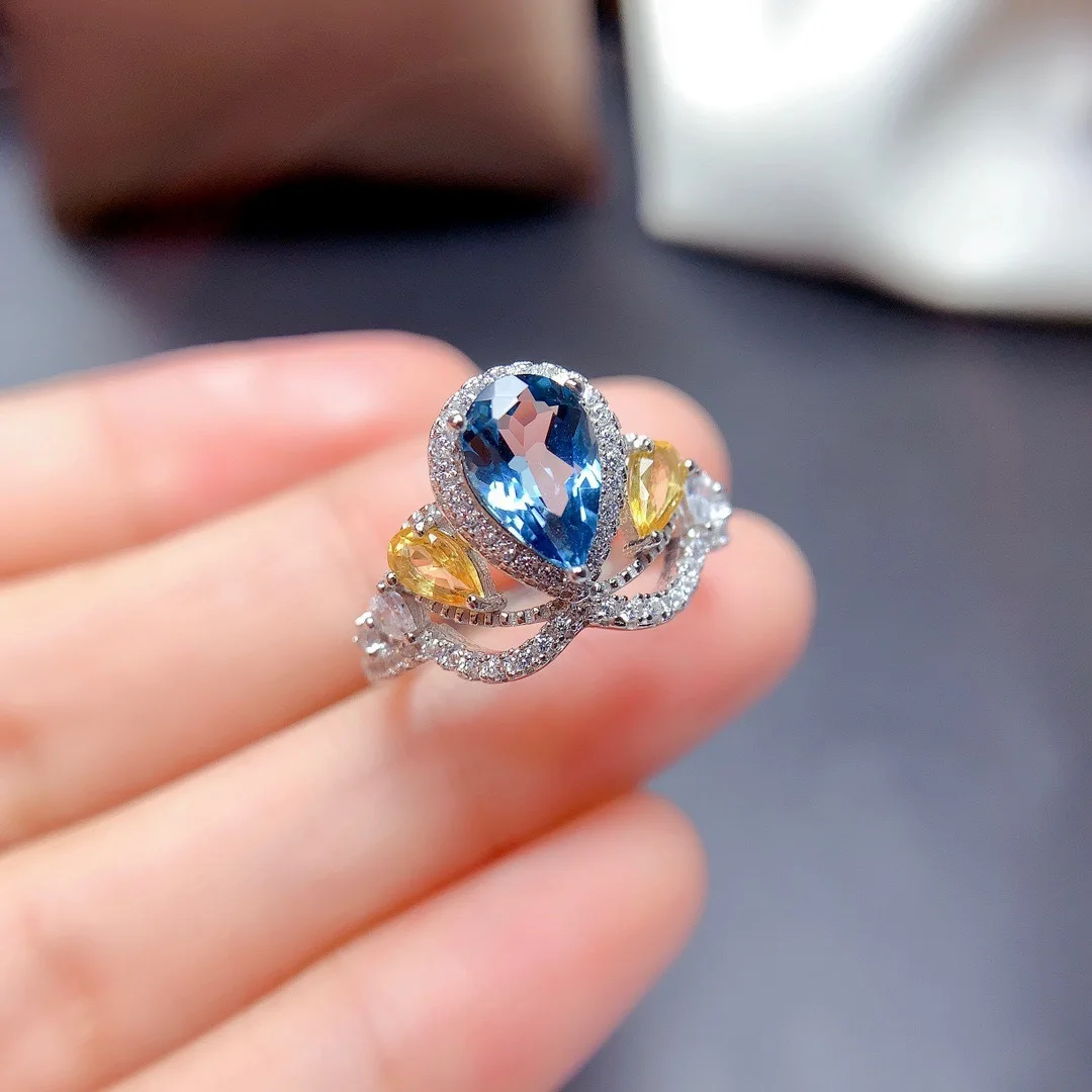 

Simulation London Blue Topaz Gemstone Trendy Rings For Women Engagement Silver Color Crown Ring Charm Fine Jewelry Luxury